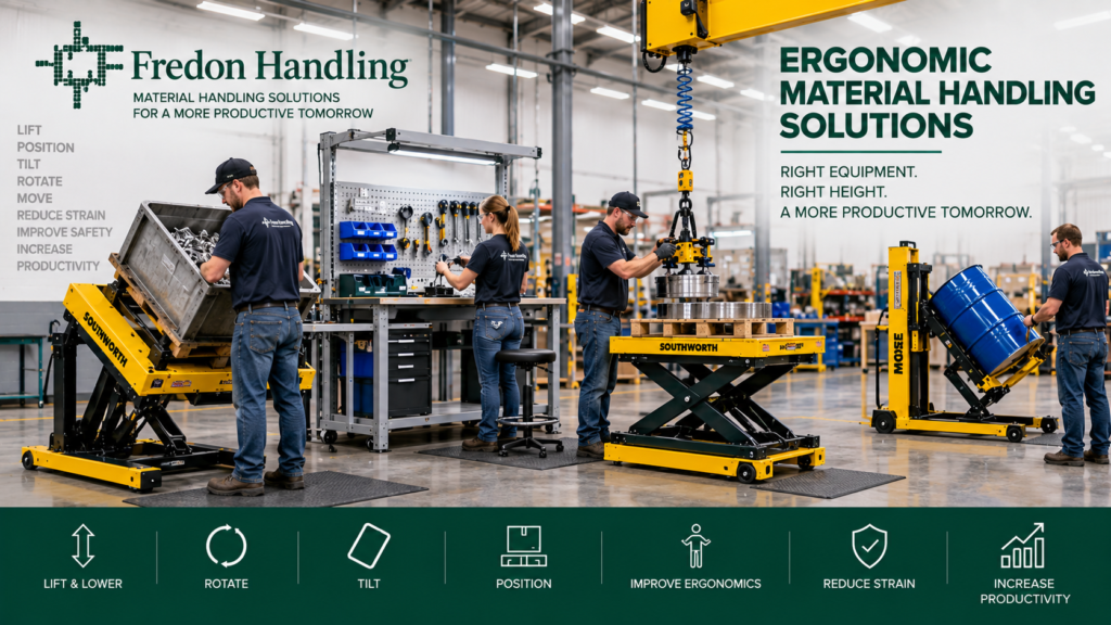 Ergonomic material handling equipment including lift tables, tilt tables, workstations and drum handling systems