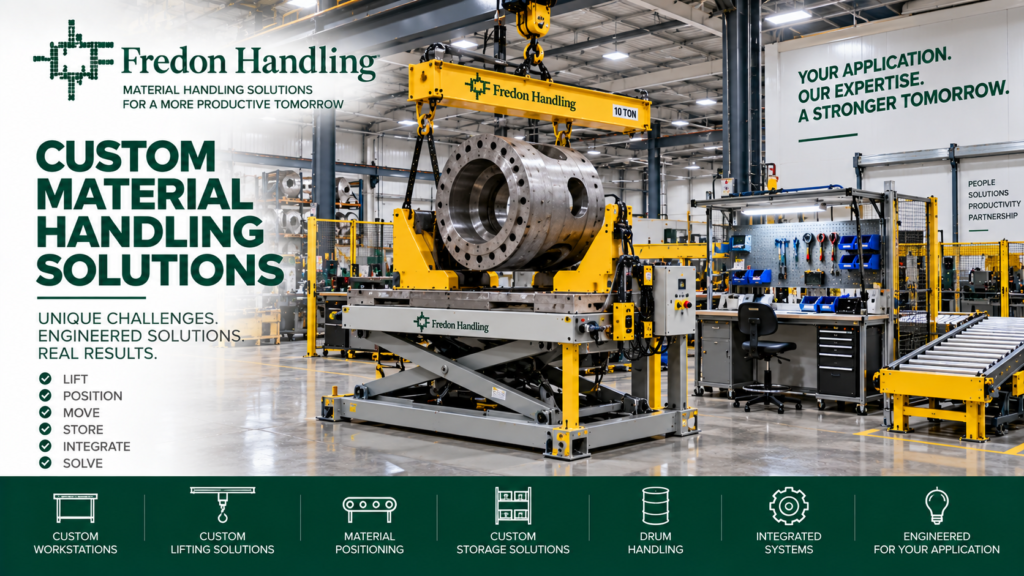 Custom material handling equipment with lifting, positioning, workstations, storage and integrated industrial systems