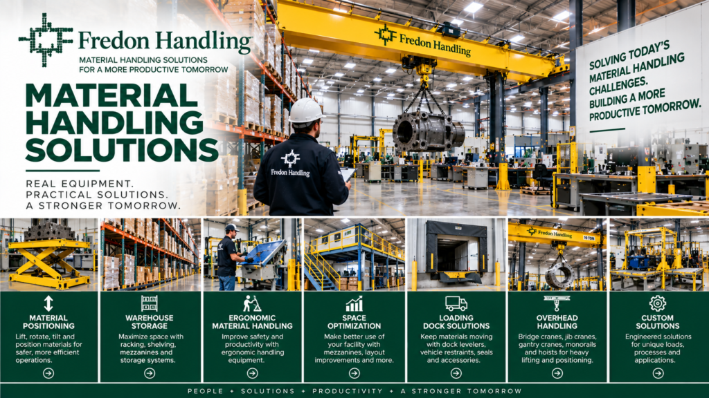 Material handling solutions including positioning, warehouse storage, ergonomic handling, loading docks, overhead lifting and custom systems