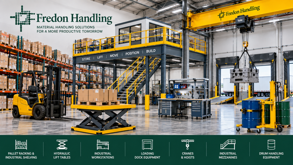 Material handling equipment including pallet racking, lift tables, cranes, workstations, mezzanines and drum handling equipment
