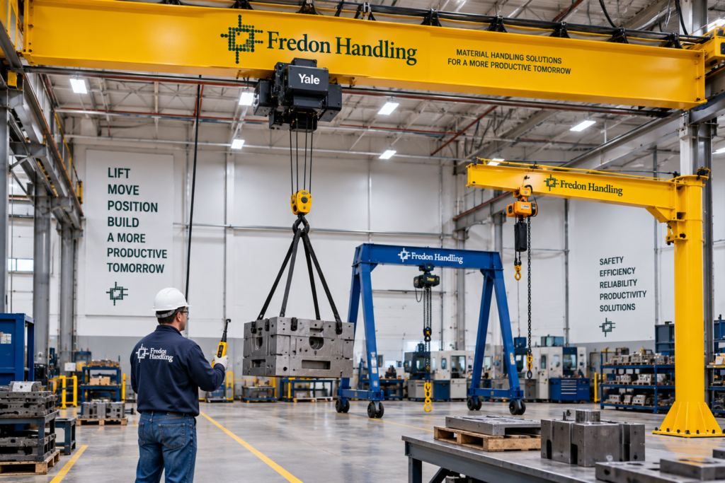 Industrial overhead crane and hoist lifting a heavy steel component in a manufacturing facility