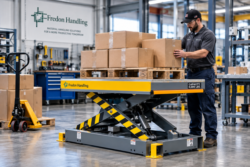 Hydraulic lift table positioning a pallet of boxes in an industrial facility