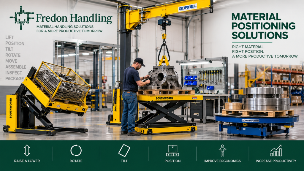 Industrial material positioning equipment including lift tables, tilt tables, turntables and overhead lifting systems