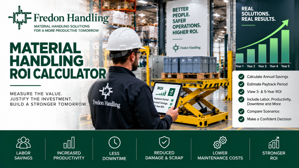 Material handling ROI calculator with labor savings, productivity gains, payback period and five-year return