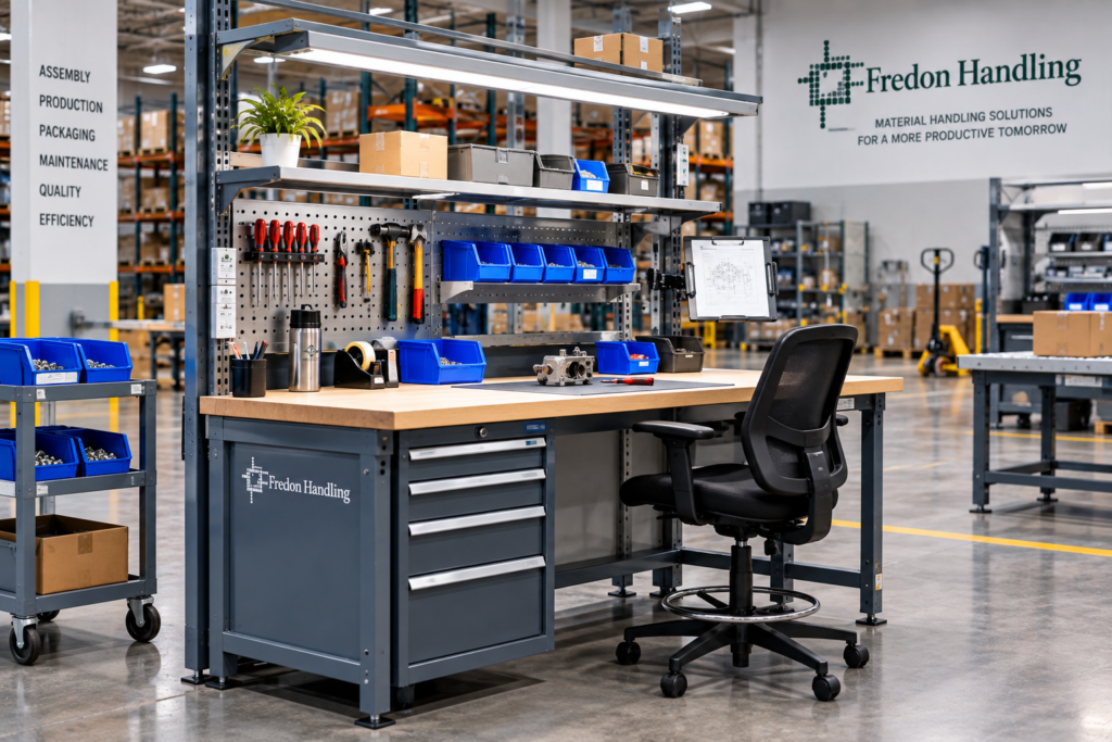Industrial workstation with tools, parts bins and ergonomic seating in a manufacturing facility