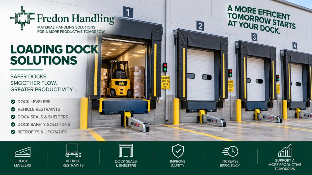 Loading dock solutions with dock levelers, vehicle restraints, dock seals, shelters and forklift loading operations