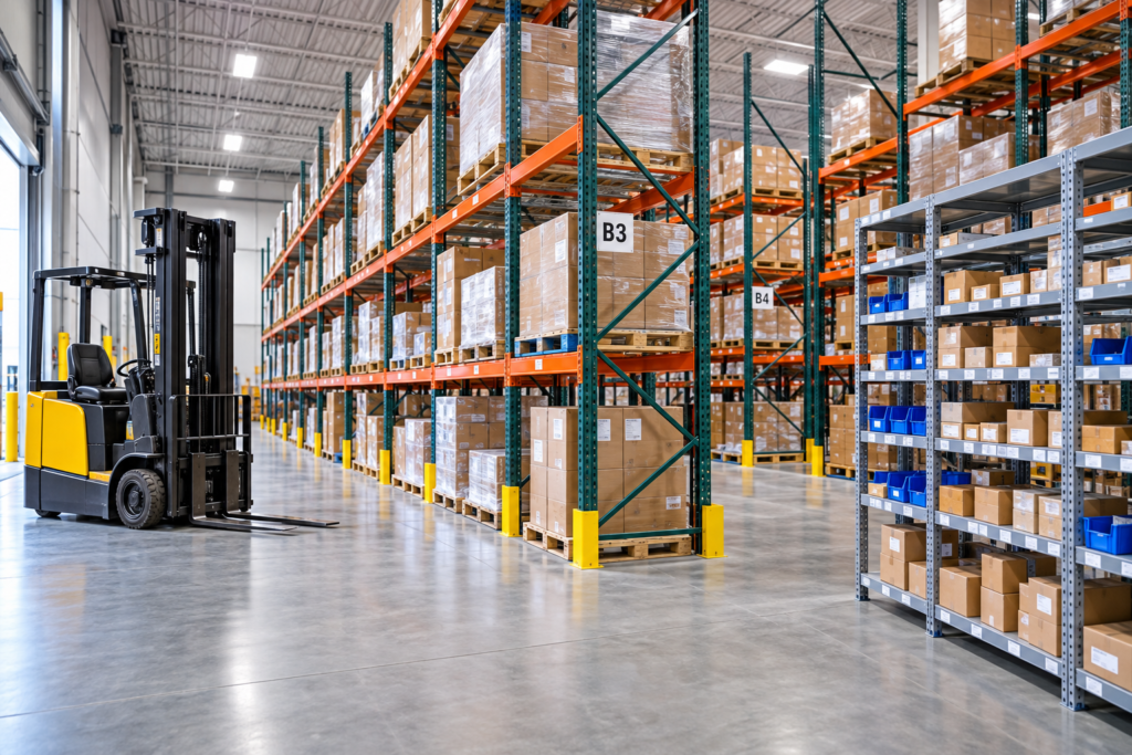 Warehouse with pallet racking and forklift.