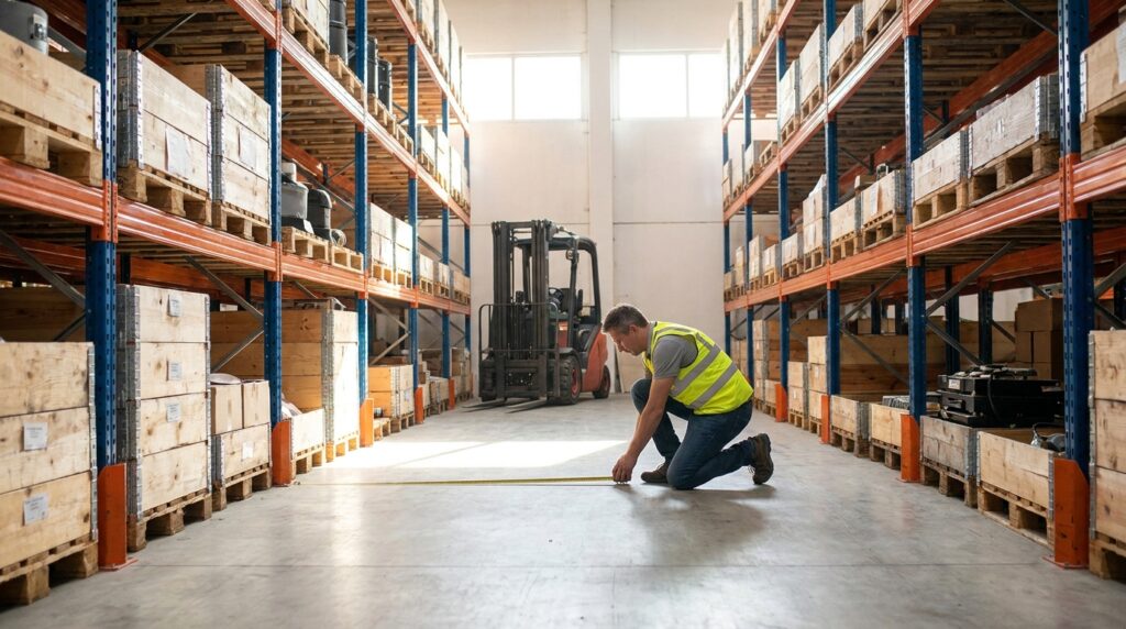 Photo pallet rack aisle width measurement