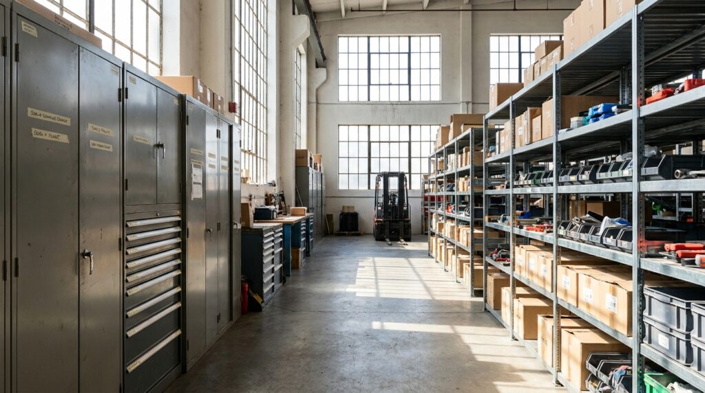 Photo industrial storage cabinets vs shelving comparison